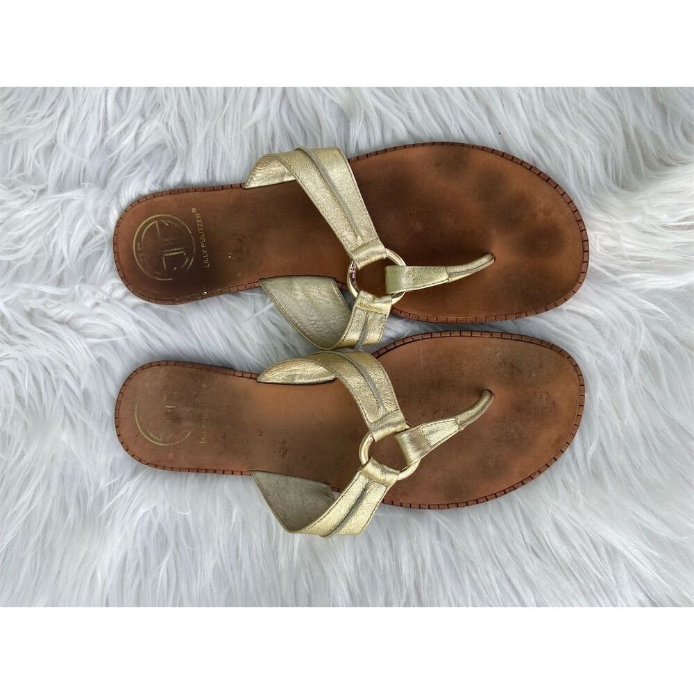 Lilly Pulitzer Women's Gold Leather Thong Sandals Size 8 Casual Summer - Picture 1 of 5